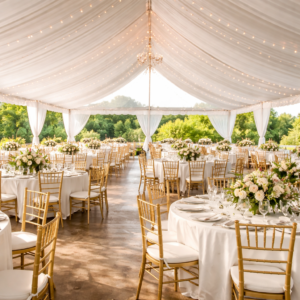 Event tent rental Niagara wedding tent setup with tables and chairs