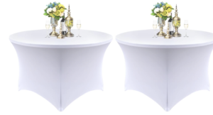 white round spandex table cover rental for events