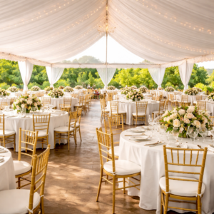 Round table setup under marquee tent for 50 guests event in Niagara