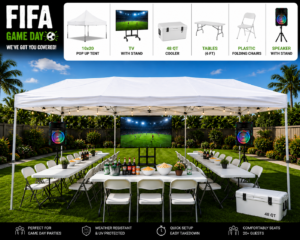 fifa watch party package with tent tv speakers tables chairs and cooler