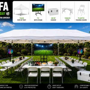 fifa watch party package with tent tv speakers tables chairs and cooler