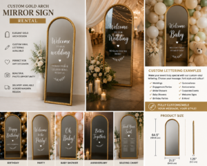 custom gold wedding mirror sign with personalized lettering for weddings and events