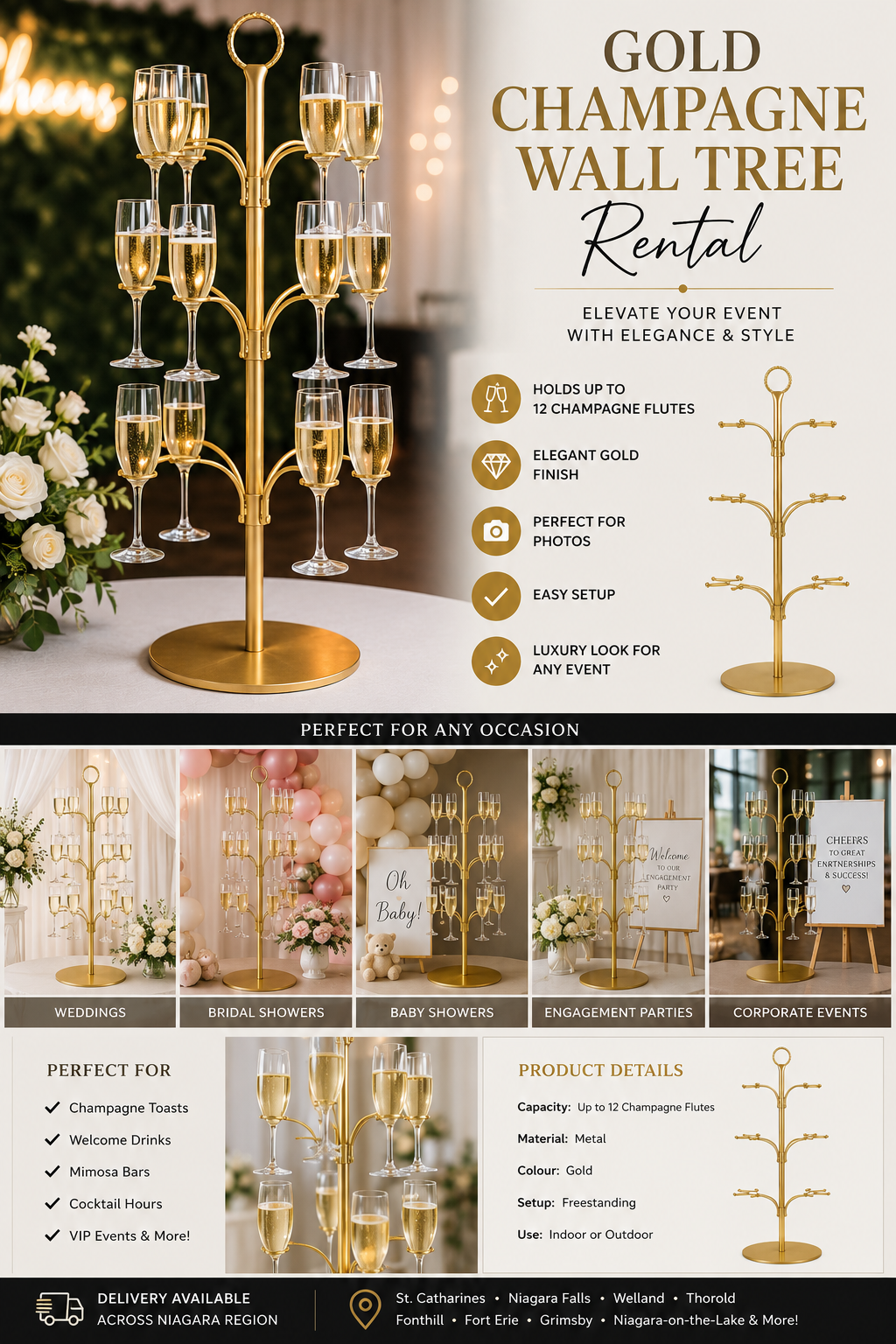 gold champagne wall tree rental for weddings bridal showers and events in Niagara Region