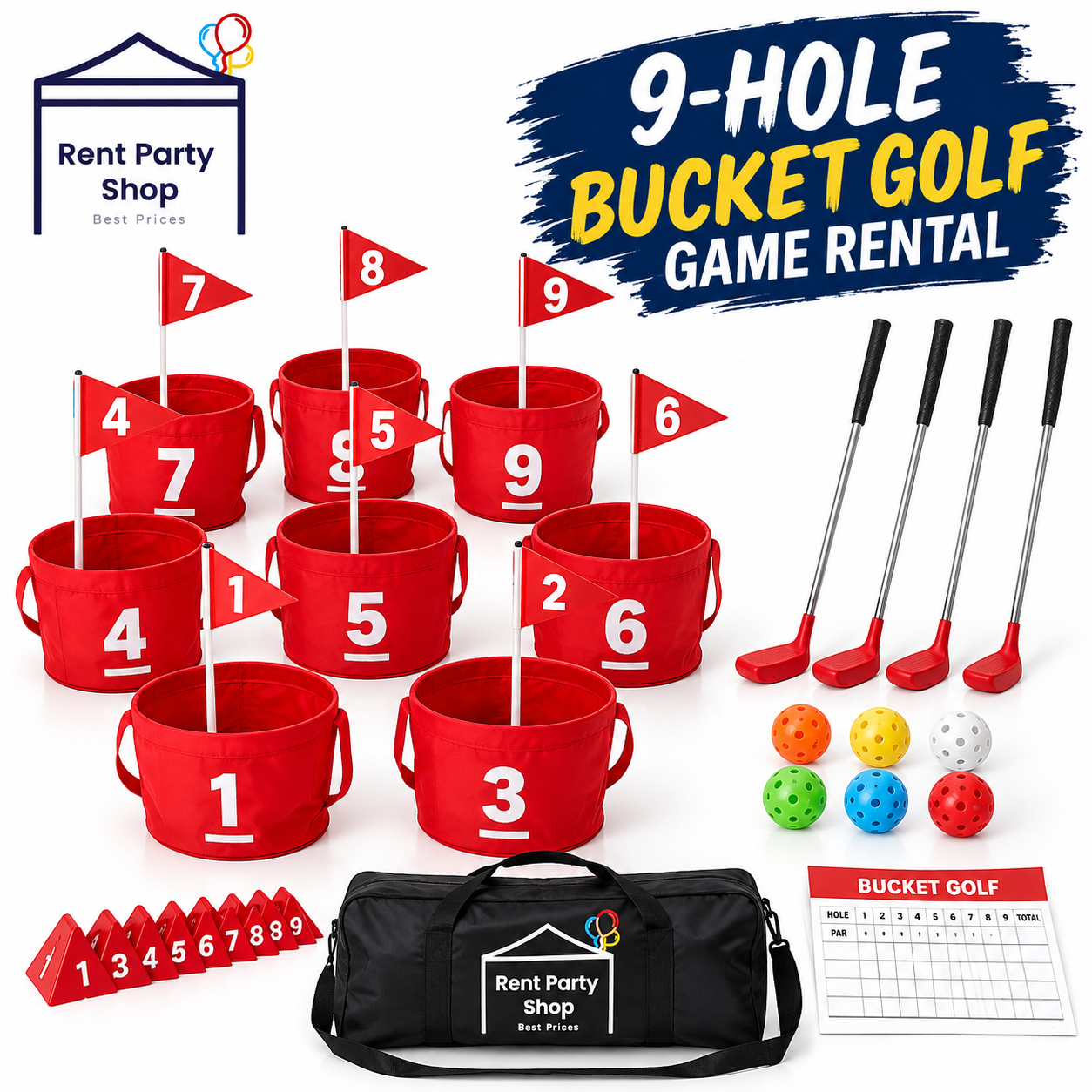 9-hole Bucket Golf game rental with golf clubs in Niagara