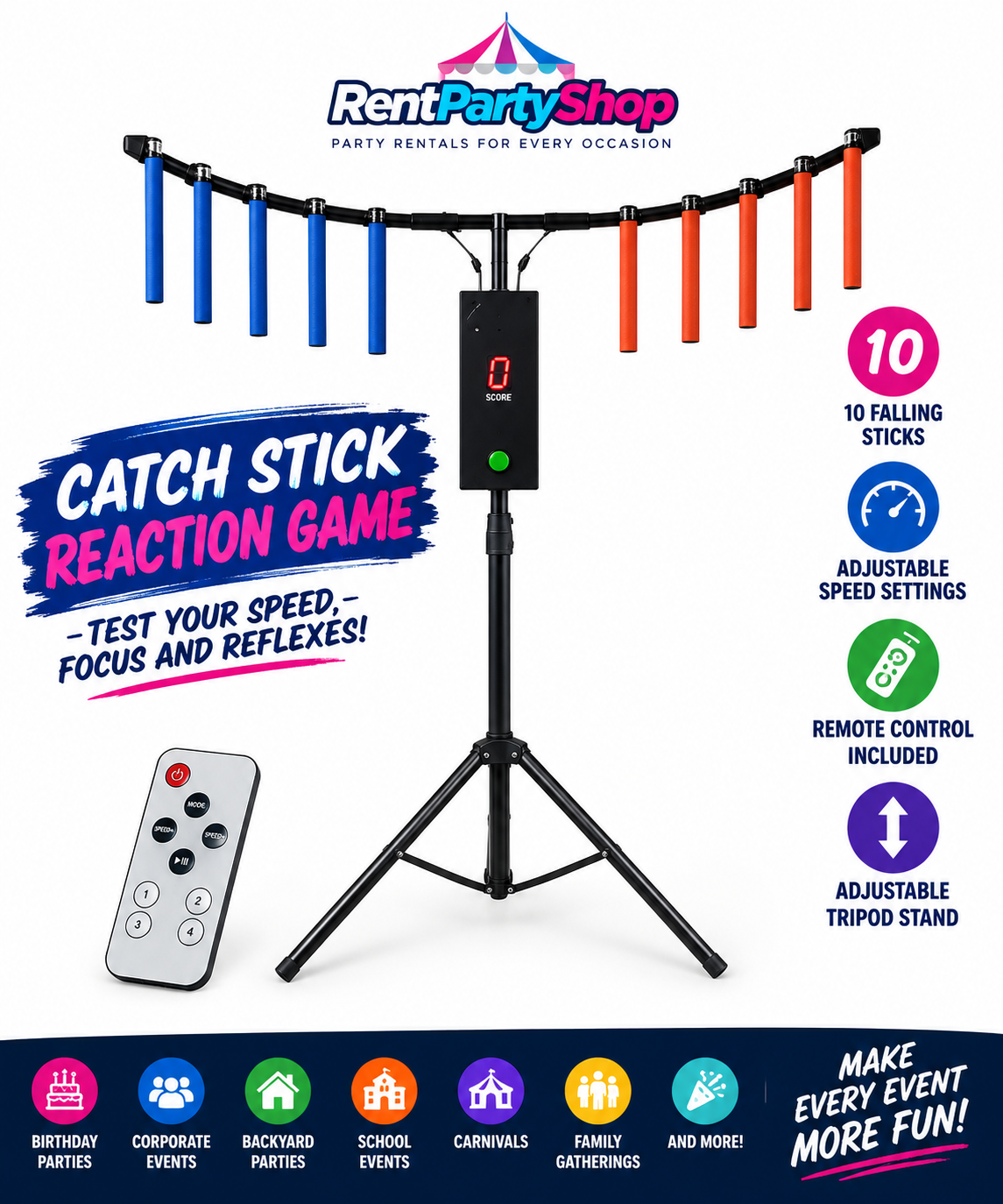 catch stick reaction game rental with 10 falling sticks in Niagara