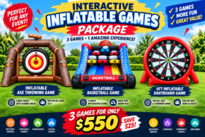 interactive inflatable games package with axe throwing basketball and dartboard