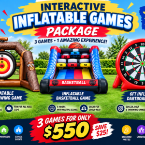 interactive inflatable games package with axe throwing basketball and dartboard