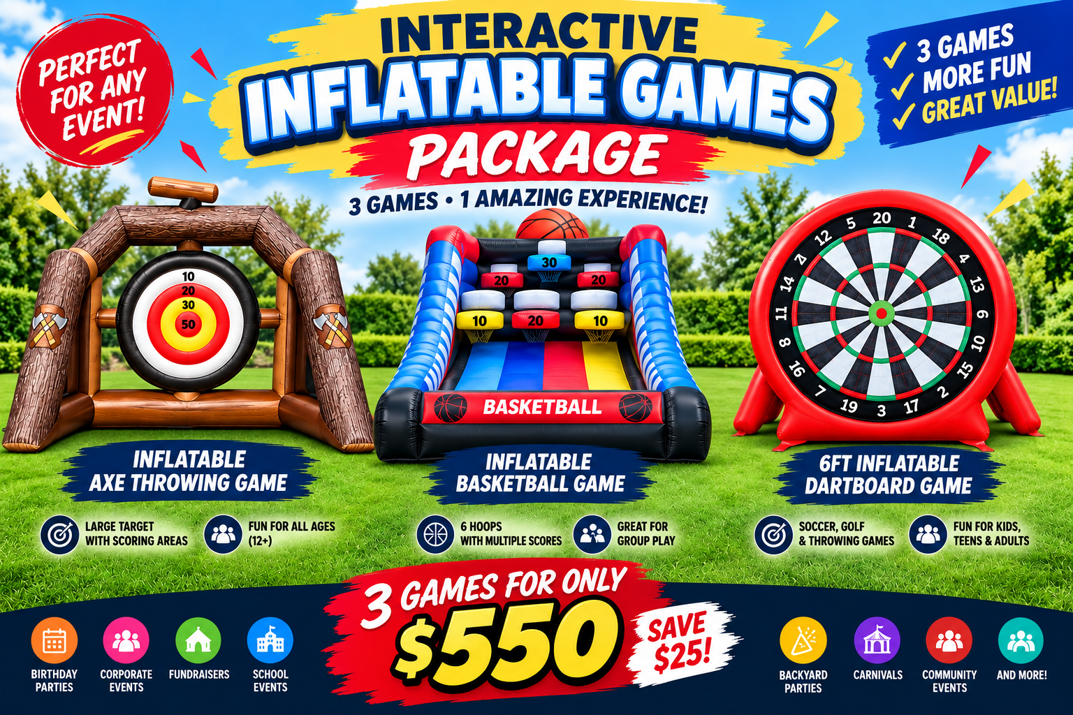 interactive inflatable games package with axe throwing basketball and dartboard