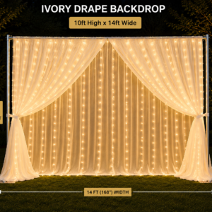 10ft high x 14ft wide ivory drape backdrop with string lights