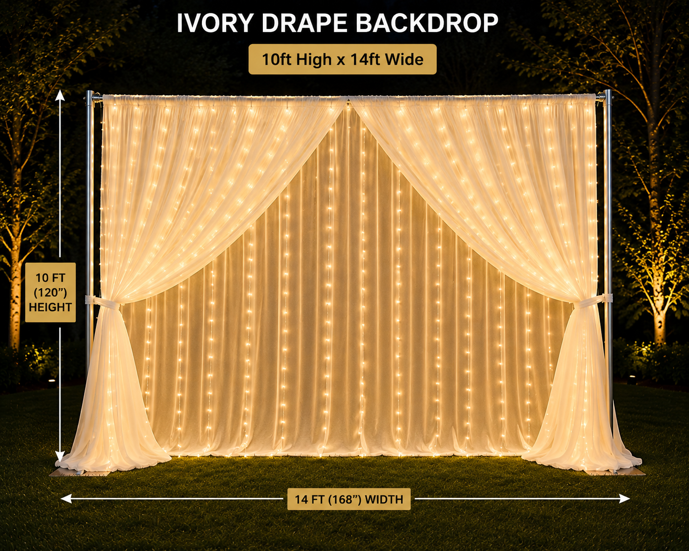 10ft high x 14ft wide ivory drape backdrop with string lights