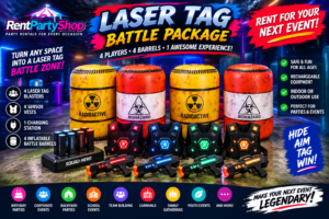 laser tag battle package with 4 blasters vests and inflatable barrels
