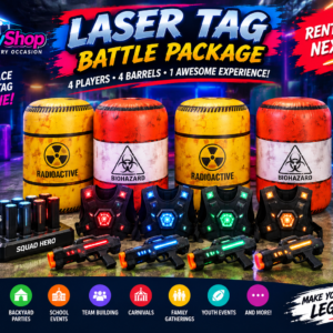 laser tag battle package with 4 blasters vests and inflatable barrels
