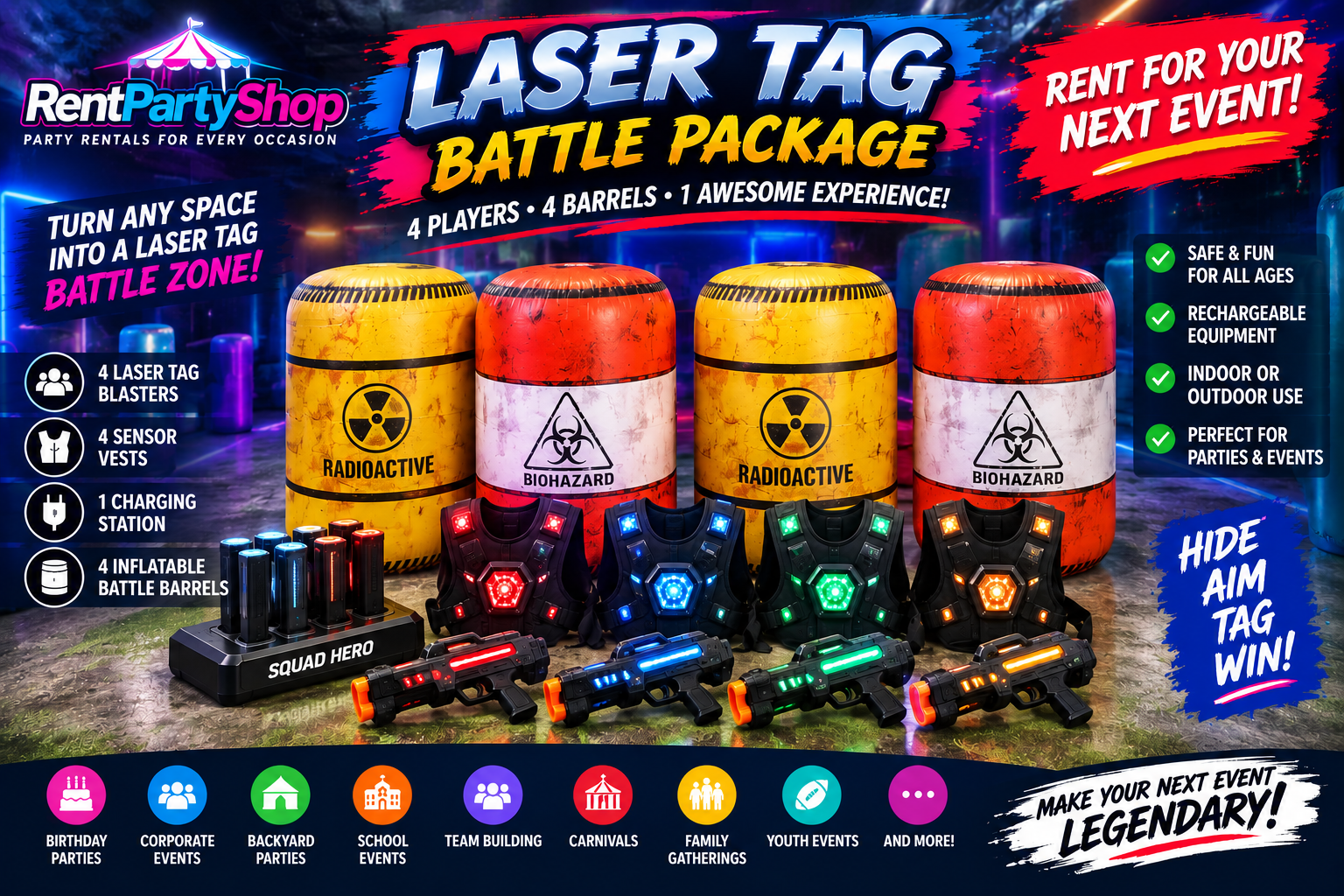 laser tag battle package with 4 blasters vests and inflatable barrels