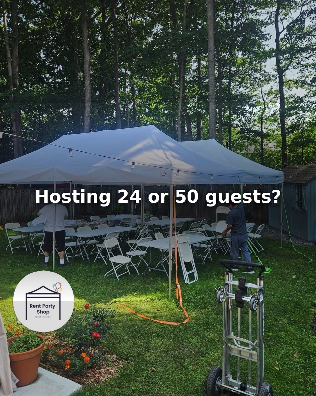 Backyard event rental with tent, tables and white chairs setup in Niagara