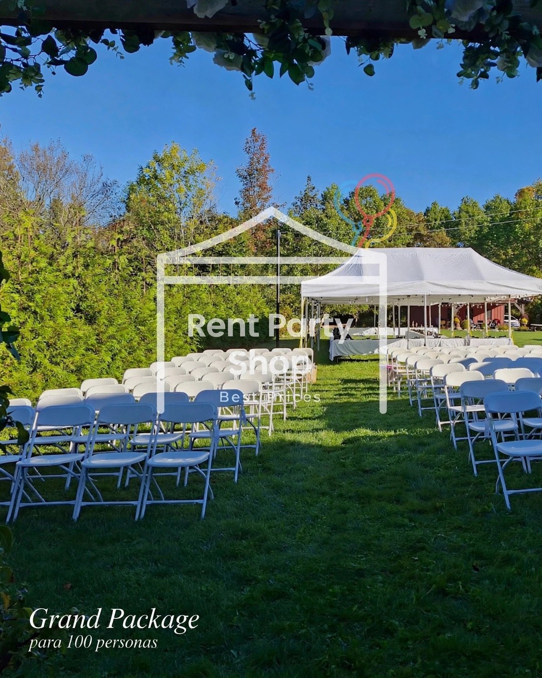 Outdoor event rental setup with white tent and chairs in Niagara Region by Rent Party Shop