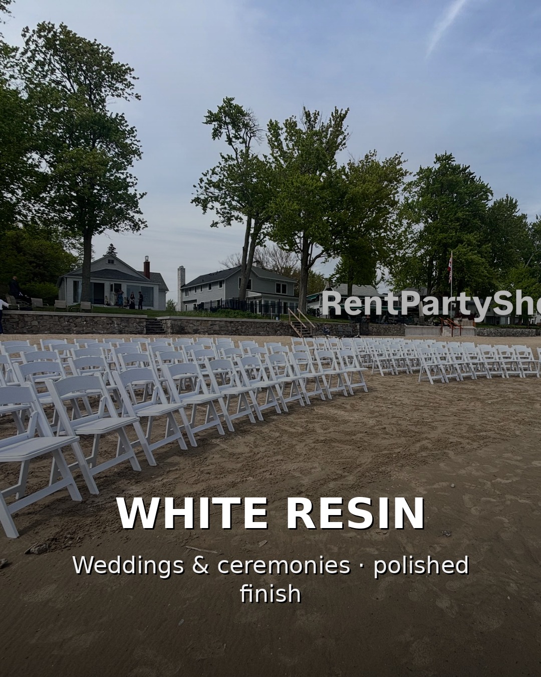 White resin chair rental setup for outdoor wedding ceremony in Niagara Region