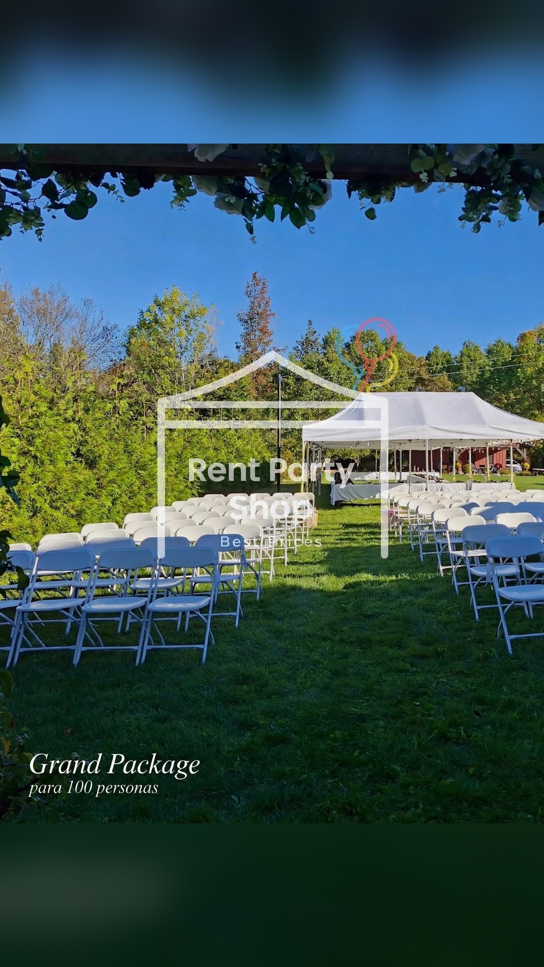 Outdoor wedding ceremony setup with chairs in rows under tent in Niagara