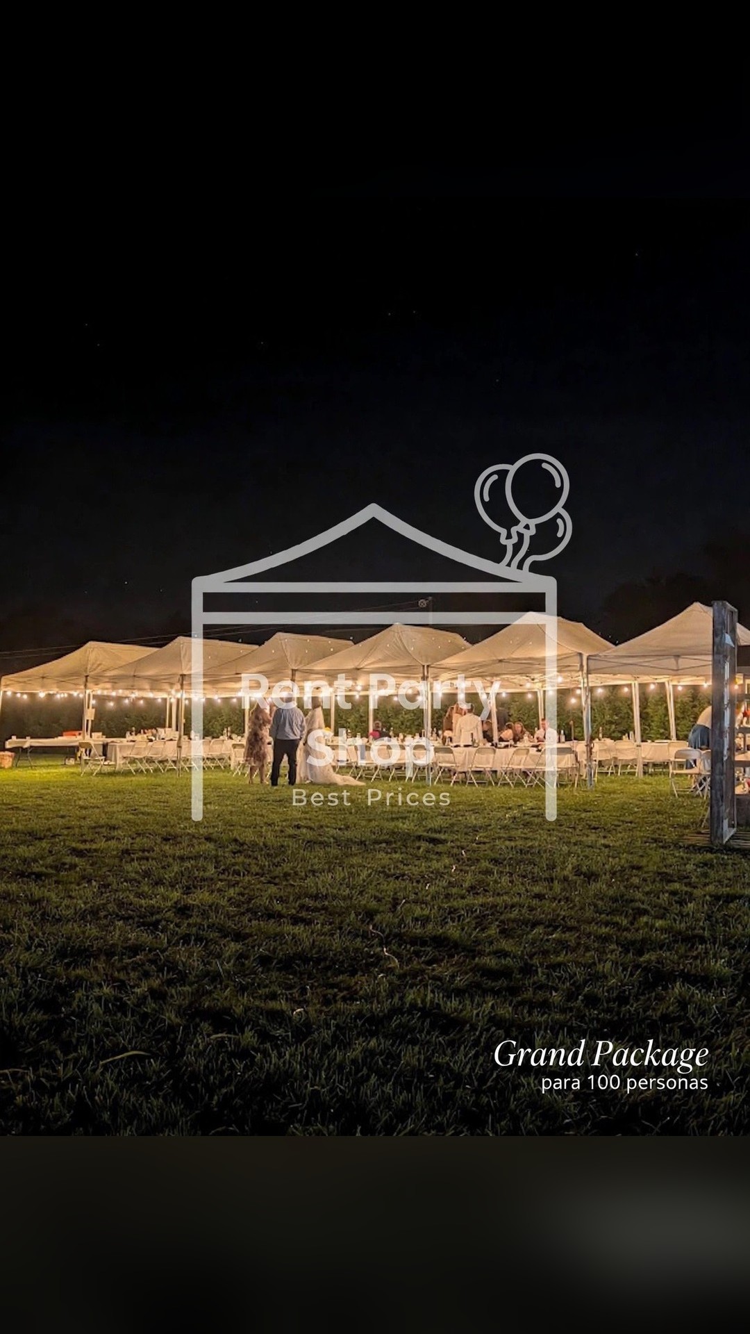 Evening wedding tent setup with string lights in Niagara by Rent Party Shop